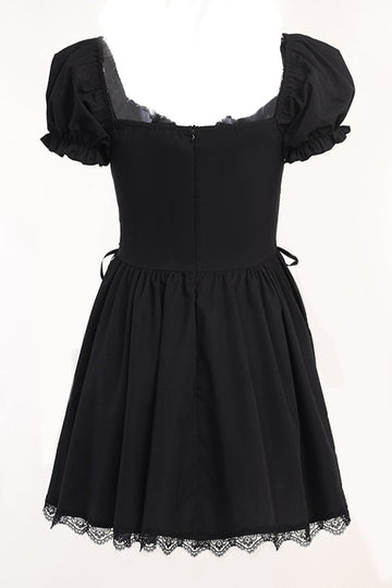 Puff Mangas Preto 1950s Vestido com Renda